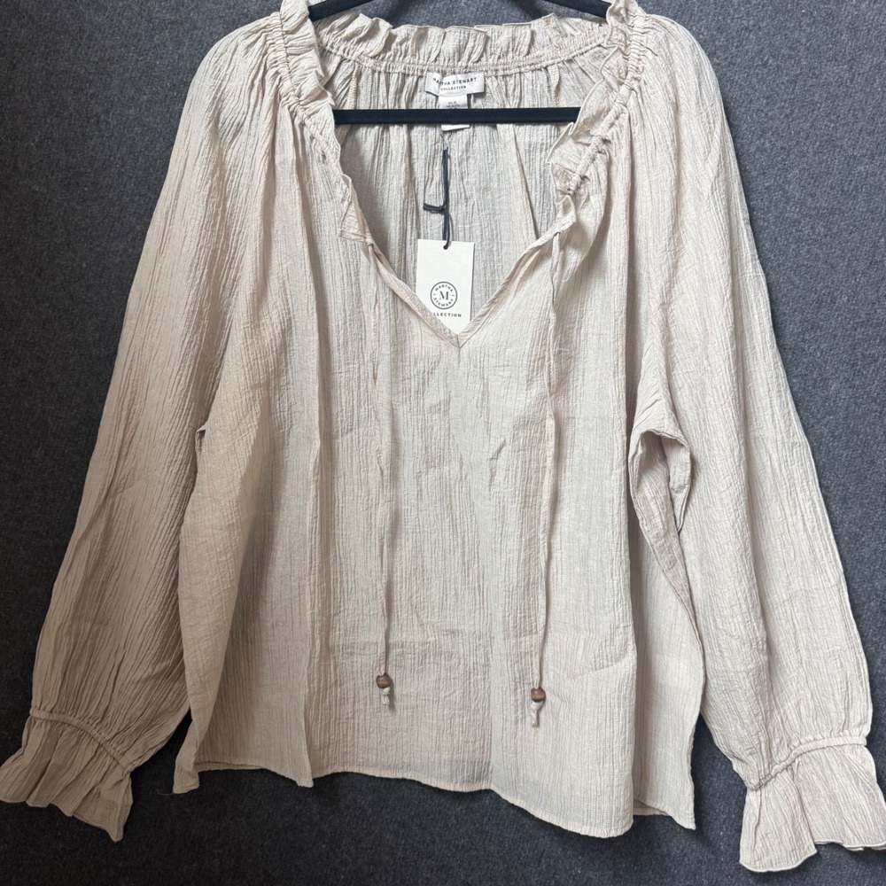 Beige Crinkle Peasant Blouse XL Tie Neck Ruffle Prairie Cottage Sheer Boho New